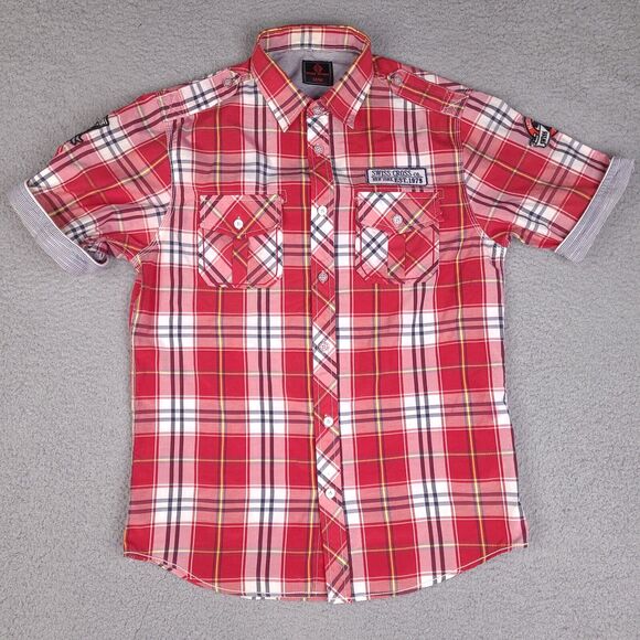 Swiss Cross Shirt Mens Medium Red Plaid Button Down New York Short Sleeve Preppy - Picture 1 of 16